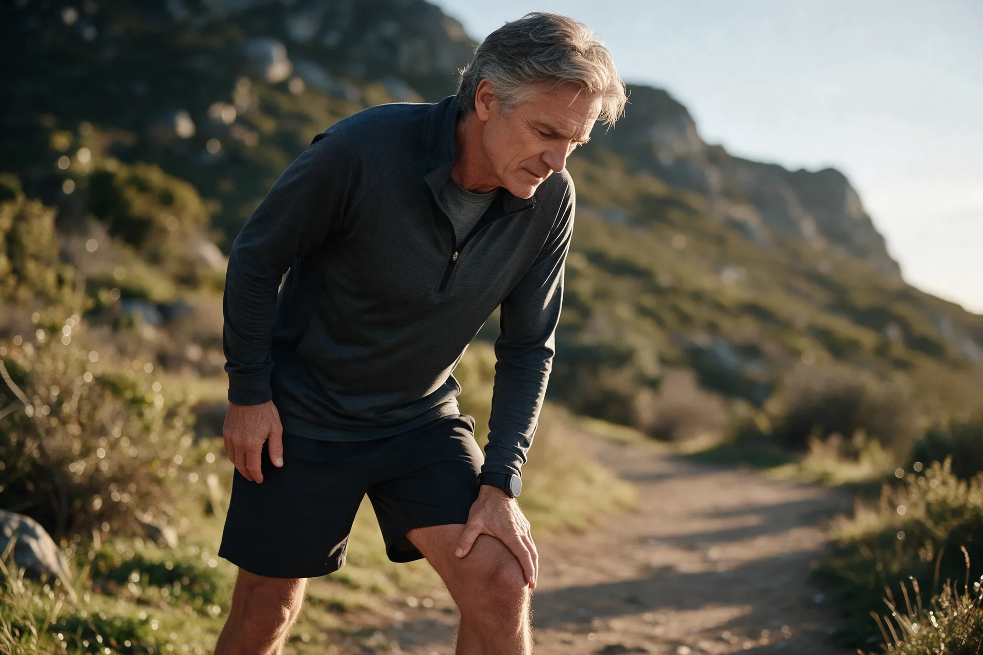 A man pausing on a hiking trail, holding his knee in discomfort.